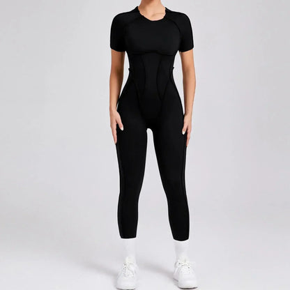 Seamless Yoga Jumpsuits Sports Fitness Hip-Lifting Backless Short-Sleeved One-Piece Workout Gym Leggings Tracksuits for Women