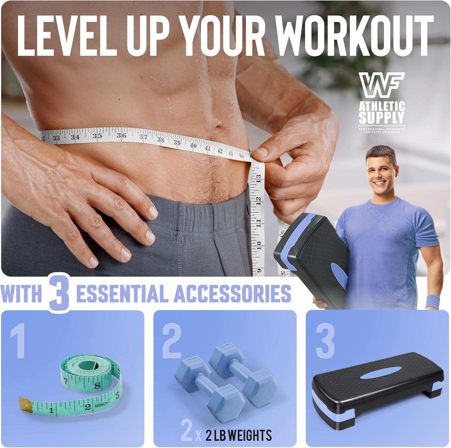 Aerobic Stepper Set with Dumbbells & Measuring Tape, Adjustable Height 2 Level Risers Workout Exercise Step Platform, 3 Colors, the Ultimate Gift for a Joyful Holiday and Merry Christmas