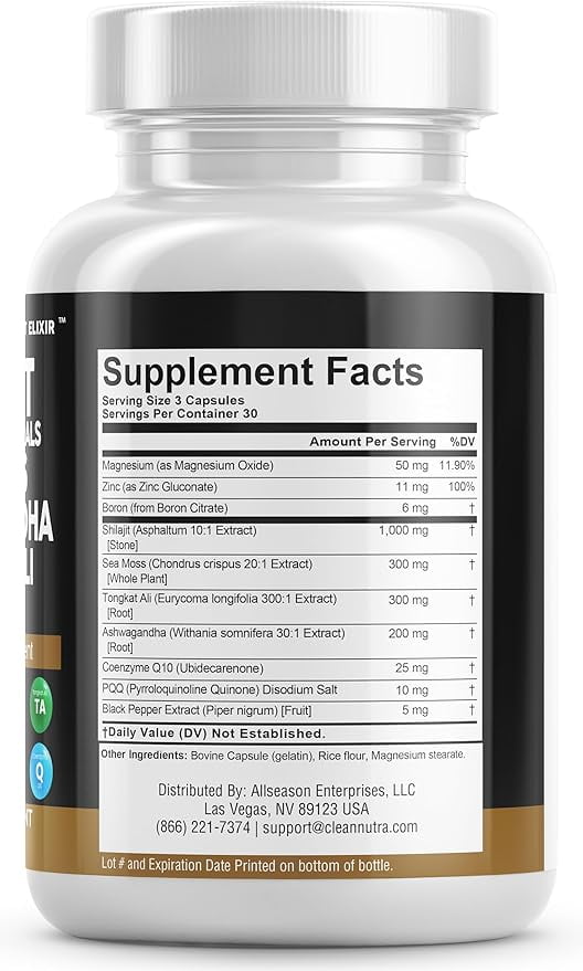 Shilajit Supplement with Sea Moss, Ashwagandha, Tongkat Ali, Boron, Magnesium - Fulvic Acid Capsules for Men - 90 Count