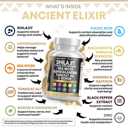 Shilajit Supplement with Sea Moss, Ashwagandha, Tongkat Ali, Boron, Magnesium - Fulvic Acid Capsules for Men - 90 Count