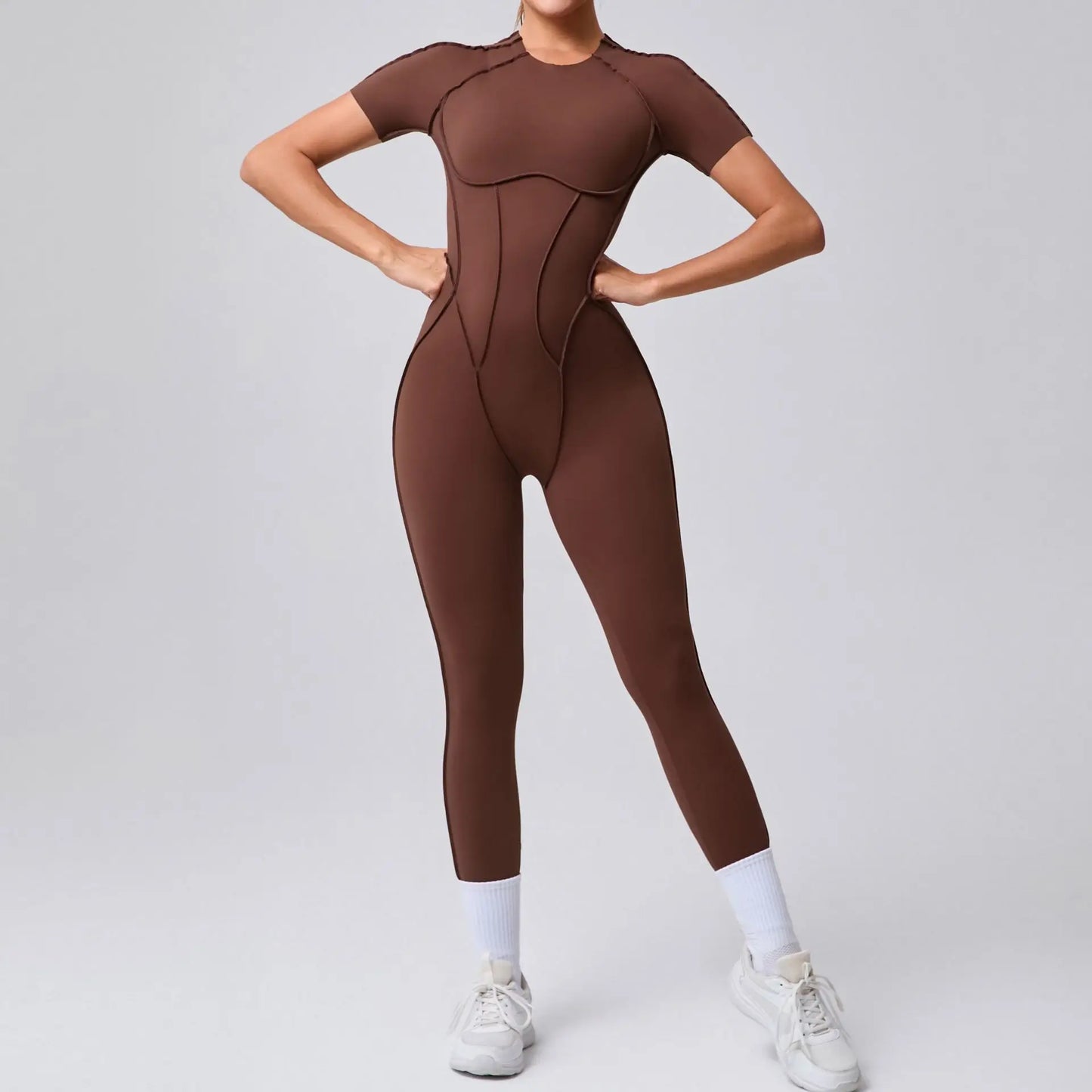 Seamless Yoga Jumpsuits Sports Fitness Hip-Lifting Backless Short-Sleeved One-Piece Workout Gym Leggings Tracksuits for Women